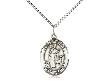 Sterling silver St. Hubert of Liege patron saint medal necklace with 18 inch chain, 3/4 x 1/2 inch pendant, handcrafted in USA by Bliss Manufacturing