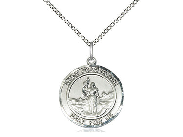 Sterling silver St. Joan of Arc patron saint medal necklace, 3/4 x 5/8 inch pendant with 18 inch chain, handcrafted by Bliss