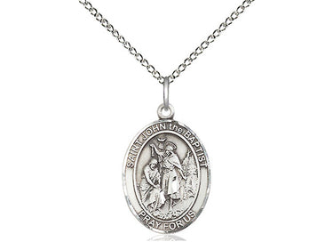Sterling Silver St. John the Baptist patron saint medal necklace, 3/4 x 1/2 inch medium oval pendant with 18 inch chain by Bliss Manufacturing USA