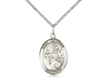 Sterling silver St. Matthew the Apostle medal necklace with 18 inch curb chain, 3/4 x 1/2, by Bliss Manufacturing USA