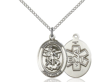 Sterling silver St. Michael EMT patron saint medal necklace for paramedics and first responders, 3/4 x 1/2 pendant on 18 inch chain, handcrafted by Bliss