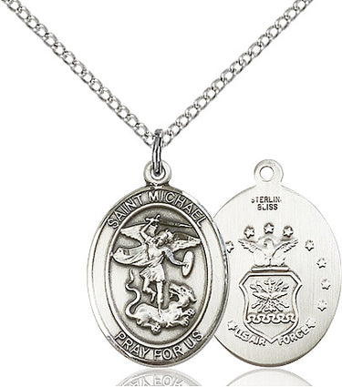 Sterling silver St. Michael Air Force medal necklace 3/4 x 1/2 inches with 18 inch chain by Bliss