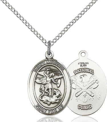 Sterling Silver St. Michael National Guard Medal Necklace 3/4 x 1/2 inch on 18 inch Chain by Bliss