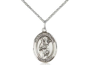 Sterling silver St. Scholastica patron saint medal necklace with 18 inch curb chain by Bliss Manufacturing