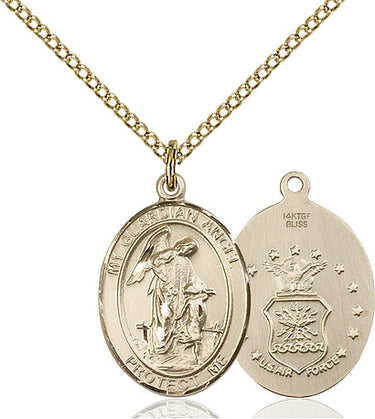 14kt gold filled Guardian Angel Air Force medal necklace 3/4 x 1/2 inches with 18 inch chain by Bliss