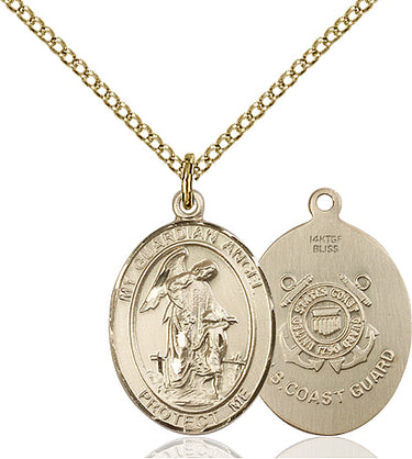 14kt gold filled Guardian Angel Coast Guard medal necklace, 3/4 x 1/2 inches with 18 inch chain, handcrafted in USA by Bliss Manufacturing