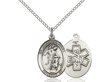 Sterling silver Guardian Angel EMT medal necklace 3/4 x 1/2 inch with 18 inch chain by Bliss Manufacturing