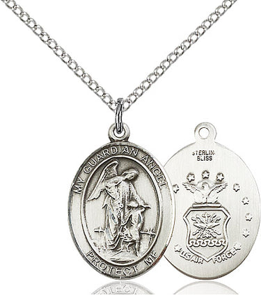 Sterling silver Guardian Angel Air Force medal necklace 3/4 x 1/2 inches with 18 inch chain by Bliss