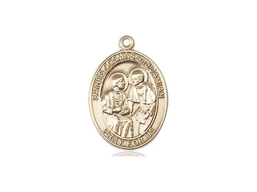 14kt Solid Gold Sts. Cosmas and Damian Patron Saint Medal Pendant 3/4 x 1/2 inch Handcrafted Bliss