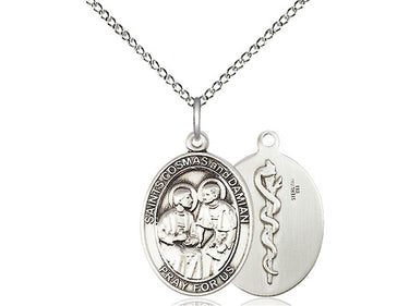 Sterling silver Sts. Cosmas and Damian patron saint medal necklace, 3/4 x 1/2 inch pendant, 18 inch chain, handcrafted by Bliss Manufacturing