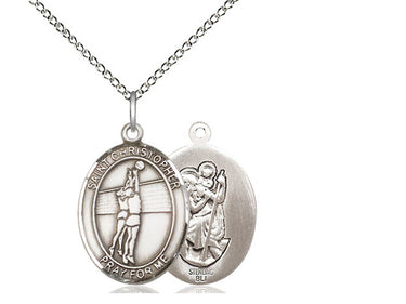 Sterling Silver St. Christopher Volleyball Medal Necklace, 3/4 x 1/2 inch pendant with 18 inch chain, handcrafted by Bliss Manufacturing USA