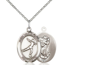 Sterling Silver St. Christopher Figure Skating Medal Necklace 3/4x1/2 inch on 18 inch Chain by Bliss