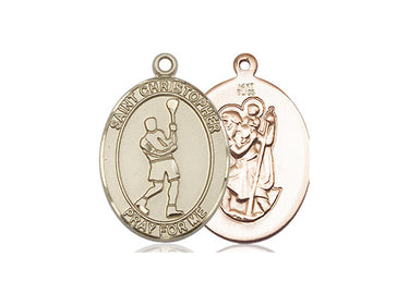 14kt solid gold St. Christopher lacrosse medal pendant 3/4 x 1/2 inch handcrafted by Bliss Manufacturing USA