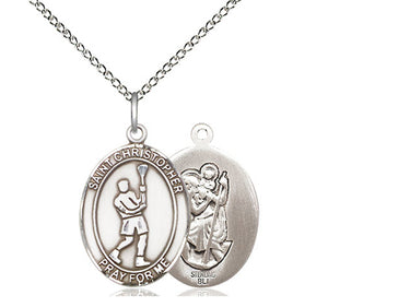 Sterling Silver St. Christopher Lacrosse Medal Necklace 3/4 inch x 1/2 inch pendant on 18 inch chain handmade by Bliss