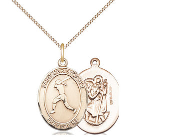 14kt Gold Filled St. Christopher Softball Patron Saint Medal Necklace 3/4 inch by 1/2 inch on 18 inch chain by Bliss