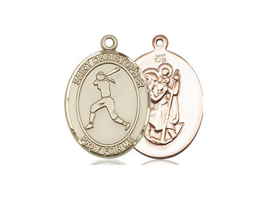 14kt Solid Gold St. Christopher Softball Patron Saint Medal Pendant 3/4 inch by 1/2 inch handcrafted by Bliss