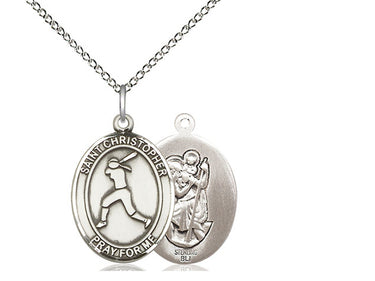 Sterling Silver St. Christopher Softball Patron Saint Medal Necklace 3/4 inch by 1/2 inch on 18 inch chain by Bliss