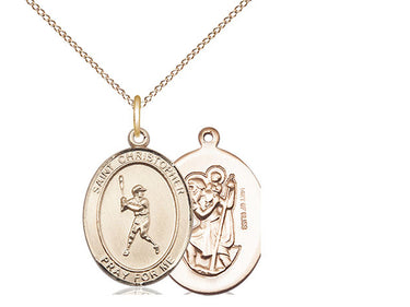 14kt Gold Filled St. Christopher Baseball Medal Necklace 3/4 x 1/2 inch pendant with 18 inch chain by Bliss Manufacturing