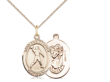 14kt gold filled St. Christopher football medal necklace 3/4 inch by 1/2 inch with 18 inch chain by Bliss Manufacturing