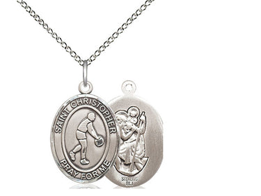 Sterling Silver St. Christopher Basketball Medal Necklace 3/4 x 1/2 inch pendant 18 inch chain Bliss