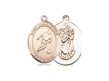 14kt solid gold St. Christopher soccer medal pendant, 3/4 inch by 1/2 inch, handcrafted by Bliss Manufacturing USA