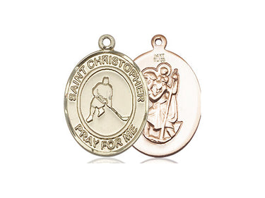 14kt Solid Gold St. Christopher Ice Hockey Medal Pendant 3/4 x 1/2 inch by Bliss Manufacturing