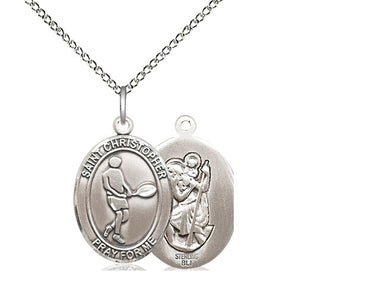 Sterling Silver St. Christopher Tennis Medal Necklace 3/4 x 1/2 inch on 18 inch chain by Bliss Manufacturing