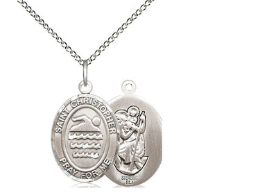 Sterling Silver St. Christopher Swimming Medal Necklace 3/4x1/2 inch pendant 18 inch chain Bliss USA