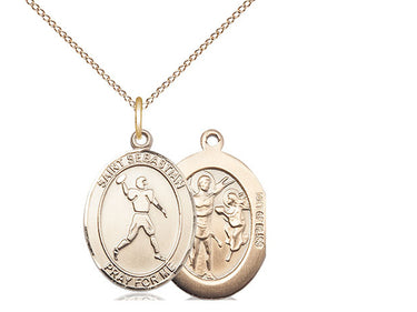14kt gold filled St. Sebastian football medal necklace 3/4 inch by 1/2 inch with 18 inch chain by Bliss Manufacturing