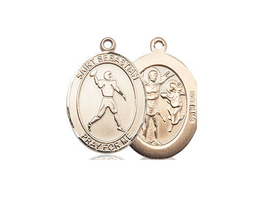 14kt solid gold St. Sebastian football medal pendant, 3/4 x 1/2, handcrafted in USA by Bliss Manufacturing