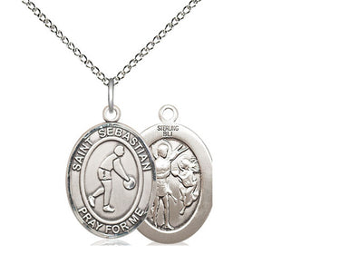 Sterling Silver St. Sebastian Basketball Medal Necklace 3/4 x 1/2 inch pendant 18 inch chain Bliss