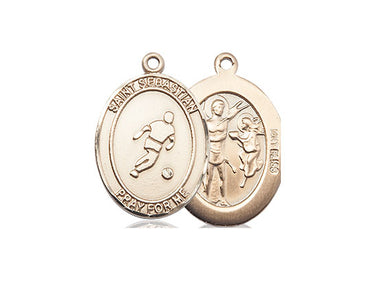 14kt solid gold St. Sebastian soccer medal pendant 3/4 x 1/2 inches handcrafted by Bliss Manufacturing USA