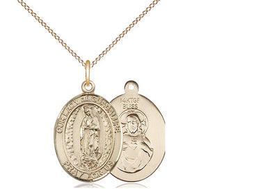 14kt gold filled Our Lady of Guadalupe medal necklace 3/4 x 1/2 inches on 18 inch curb chain by Bliss