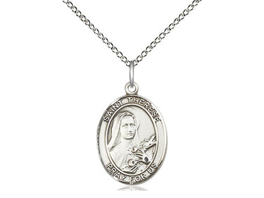 Sterling Silver St. Therese of Lisieux patron saint medal necklace, 3/4 x 1/2 inch with 18 inch chain, handcrafted by Bliss Manufacturing USA
