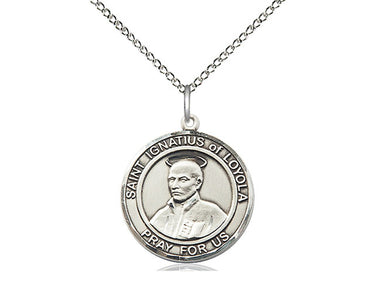 Sterling silver medium St. Ignatius of Loyola patron saint medal necklace 3/4 inch pendant on 18 inch curb chain by Bliss