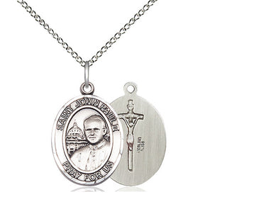 Sterling silver St. John Paul II patron saint medal necklace, 3/4 inch by 1/2 inch pendant on 18 inch chain, handcrafted by Bliss Manufacturing
