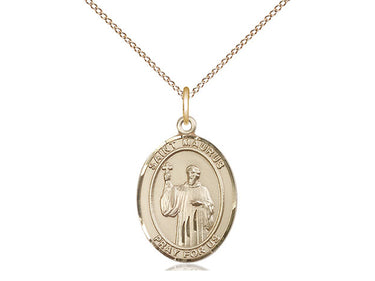 14kt Gold Filled St. Maurus patron saint medal necklace with 18 inch curb chain, 3/4 x 1/2 inch medium medal, handmade in USA by Bliss Manufacturing
