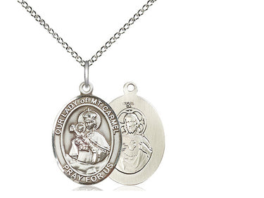 Sterling silver Our Lady of Mount Carmel medal necklace with 3/4 x 1/2 inch pendant on 18 inch chain by Bliss