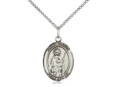Sterling Silver St. Grace Patron Saint Medal Necklace 3/4 x 1/2 inch on 18 inch curb chain by Bliss Manufacturing