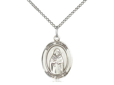 Sterling silver St. Samuel patron saint medal necklace with 18 inch chain, 3/4 x 1/2 inch pendant, handcrafted by Bliss Manufacturing