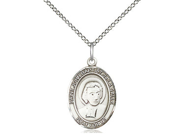 Sterling silver St. John Baptist de La Salle patron saint medal necklace for teachers, 3/4 inch by 1/2 inch pendant on 18 inch chain, handcrafted by Bliss
