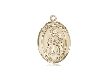 14kt solid gold St. Angela Merici Catholic patron saint medal pendant handcrafted by Bliss Manufacturing