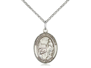 Sterling Silver Our Lady of Lourdes Medal Necklace 3/4x1/2 inch pendant on 18 inch chain handcrafted by Bliss Manufacturing