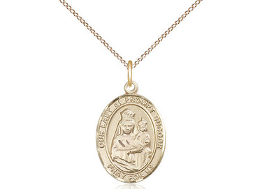 14kt Gold Filled Our Lady of Prompt Succor pendant necklace, 3/4x1/2 inch medal on 18 inch curb chain, handmade by Bliss Manufacturing USA