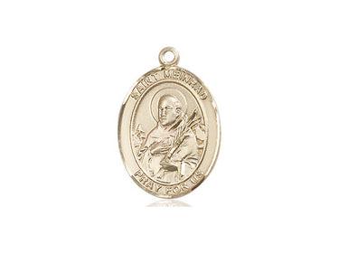 14kt solid gold St. Meinrad of Einsideln patron saint medal pendant, 3/4 inch by 1/2 inch medium size, handcrafted by Bliss Manufacturing USA