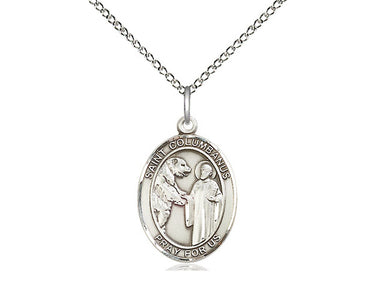 Sterling silver St. Columbanus patron saint medal necklace, 3/4 by 1/2 inch medal on 18 inch chain, handcrafted in USA by Bliss Manufacturing