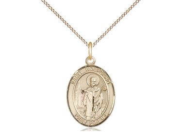 14kt Gold Filled St. Wolfgang patron saint medal necklace with 18 inch chain, 3/4 x 1/2 inch pendant, handcrafted by Bliss Manufacturing USA