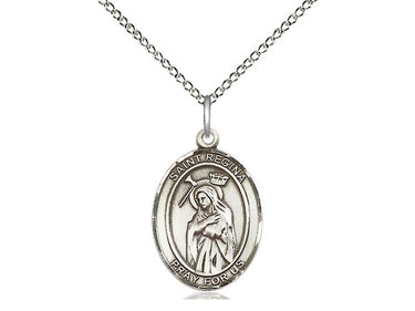 Sterling Silver St. Regina patron saint medal necklace with 18 inch curb chain, 3/4 x 1/2 inch medal, handcrafted by Bliss Manufacturing USA