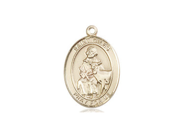 14kt solid gold St. Giles patron saint medal pendant, 3/4 inch by 1/2 inch, handcrafted in USA by Bliss Manufacturing