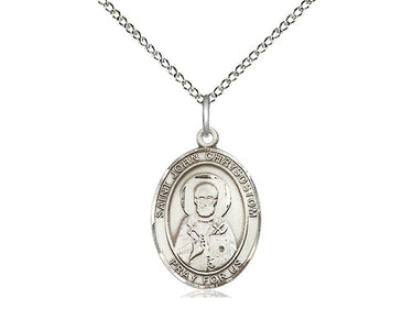 Sterling silver St. John Chrysostom patron saint medal necklace 3/4 inch by 1/2 inch on 18 inch chain by Bliss